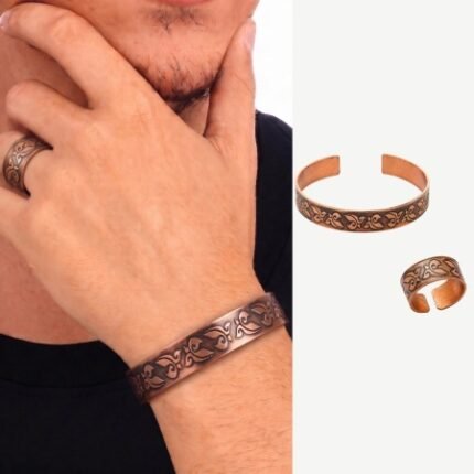 Men's Copper Ring & Bracelet Set – Ivy Pattern