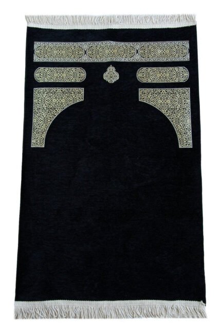 Kaaba Pattern Chenille Prayer Rug with Braided Tassels