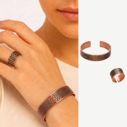 Women's Copper Ring & Bracelet Set – Sunburst Motif