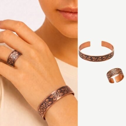 Women's Copper Ring & Bracelet Set – Ivy Pattern