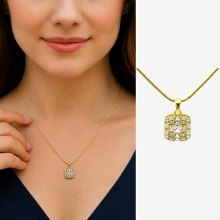 Gold-Tone Square Zircon Necklace – Snake Chain