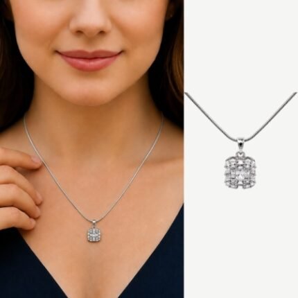 Silver-Tone Square Zircon Necklace – Snake Chain